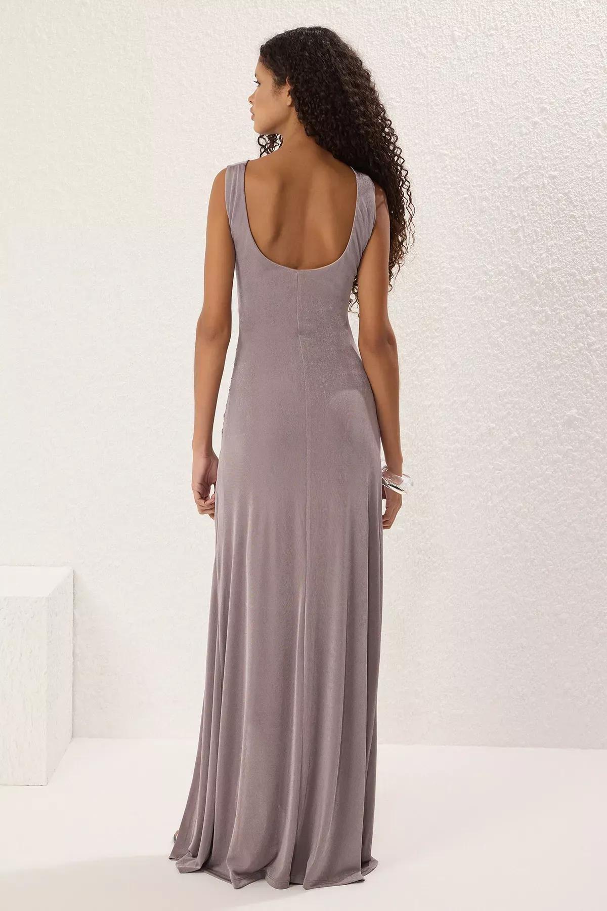 Brown Cowl Neck Sleeve Maxi Dress, Mink, large image number 3