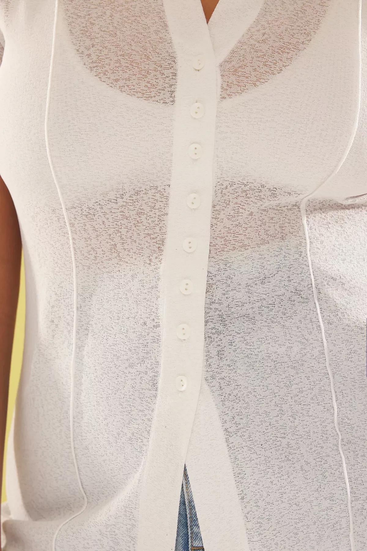 White Collared Transparent Flexible Knit Plus-Size Blouse, , large image number 3
