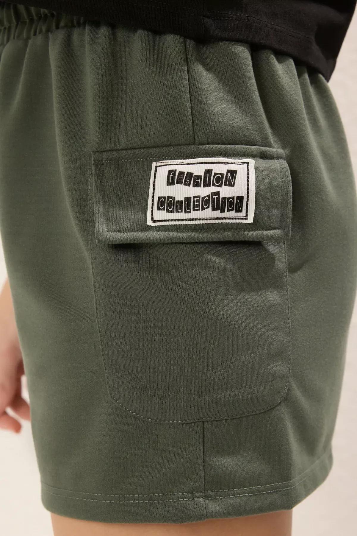 Green Slogan Pocket Knit Shorts, , large image number 2