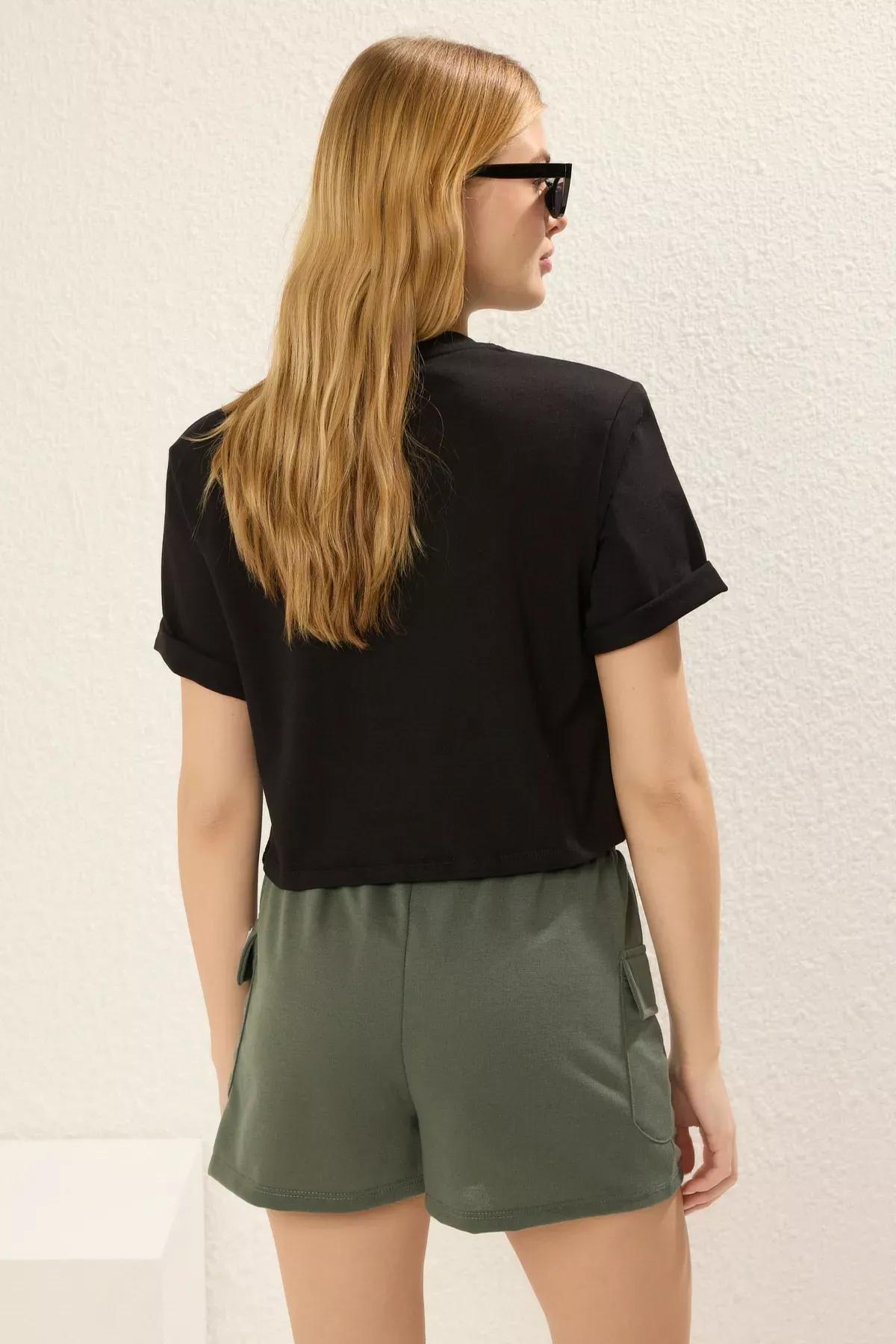 Green Slogan Pocket Knit Shorts, , large image number 3