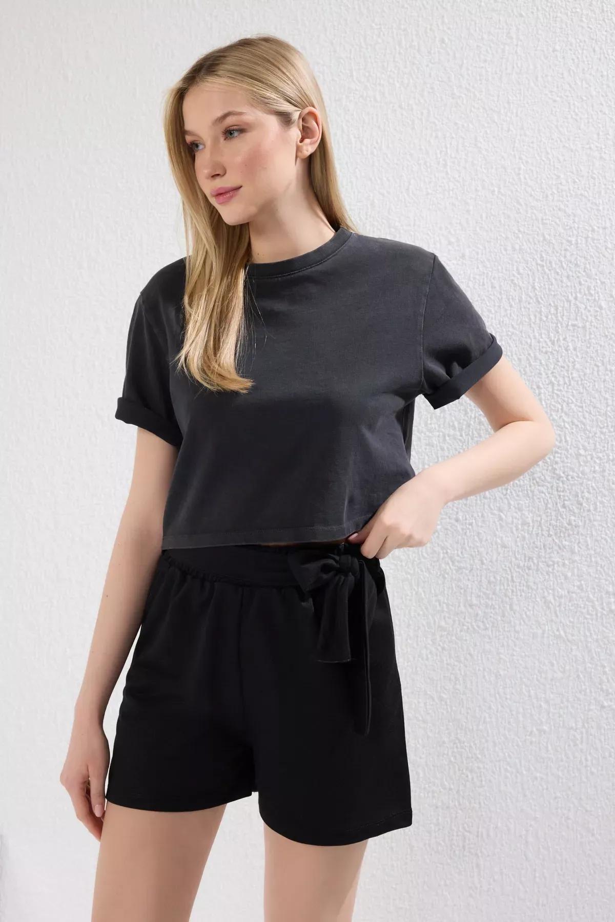Black Knitted Shorts Tie Belt, , large image number 0