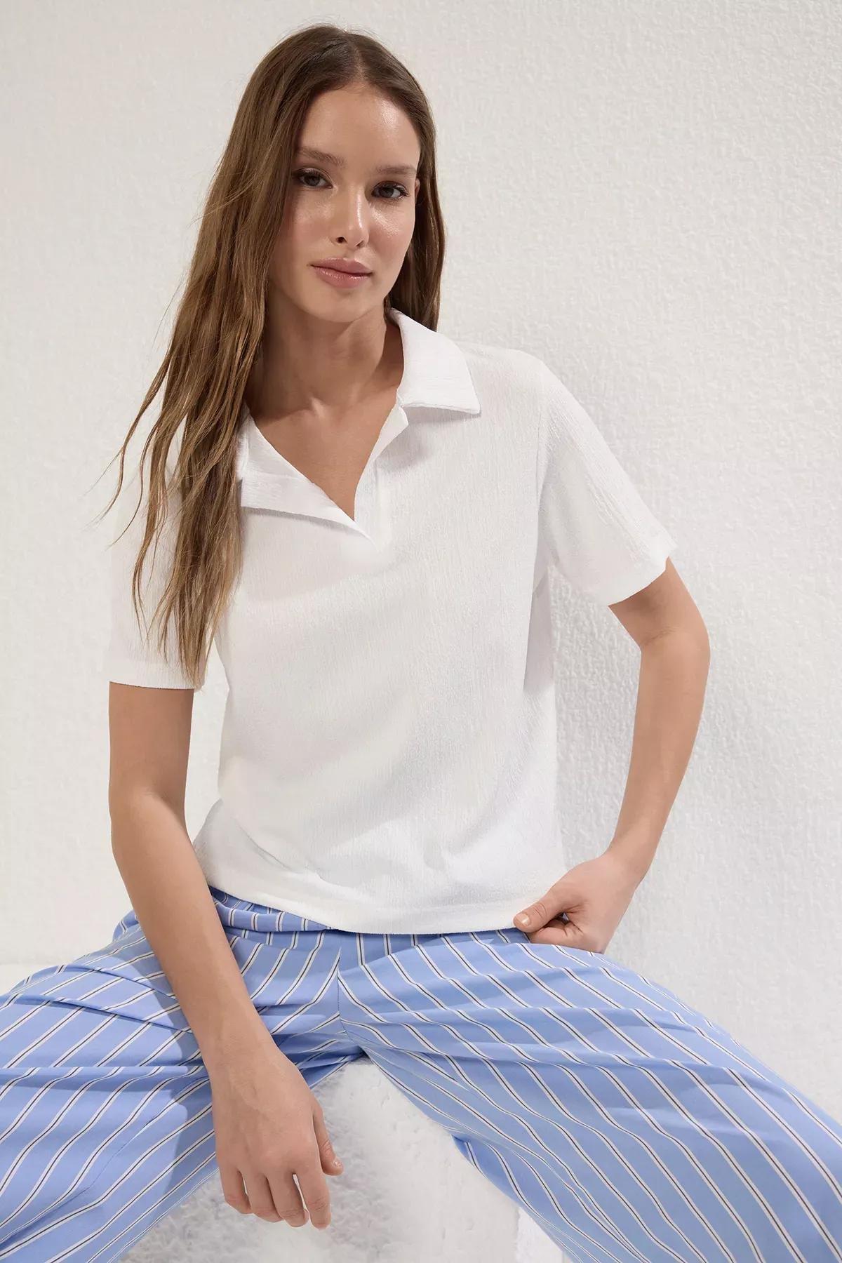 White Polo Collar Buttoned Blouse, White, large image number 0