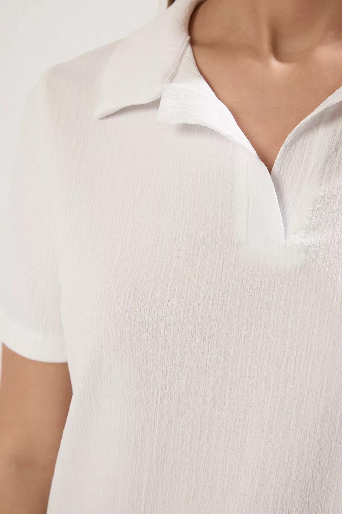 White Polo Collar Buttoned Blouse, White, large image number 2