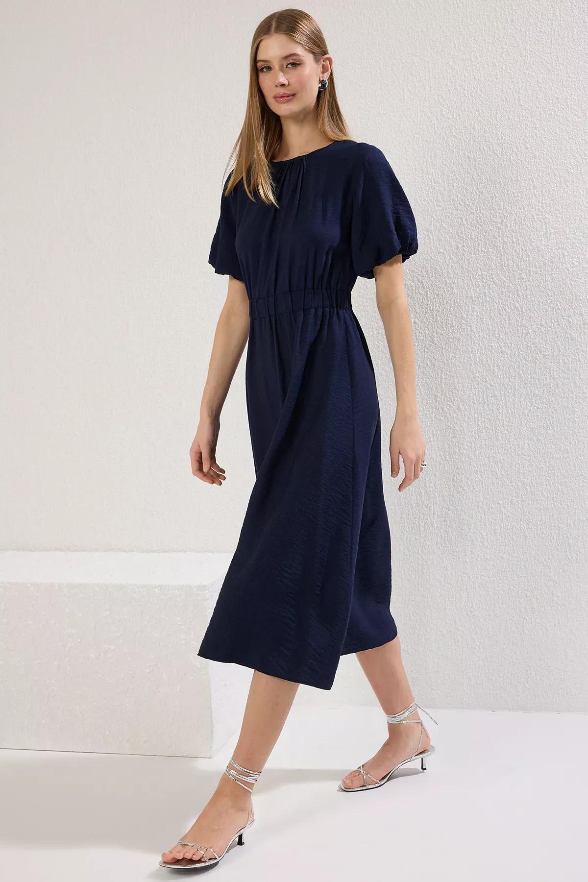 Navy A-Line Balloon Sleeve Midi Dress, Navy blue, large image number 0