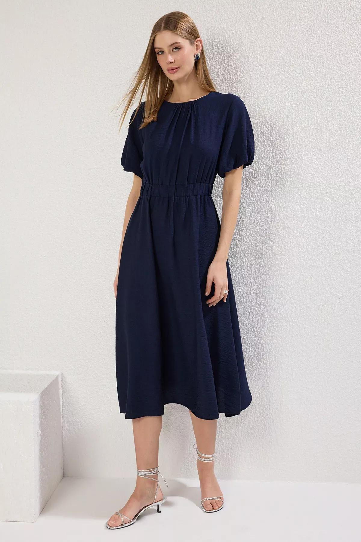 Navy A-Line Balloon Sleeve Midi Dress, Navy blue, large image number 1