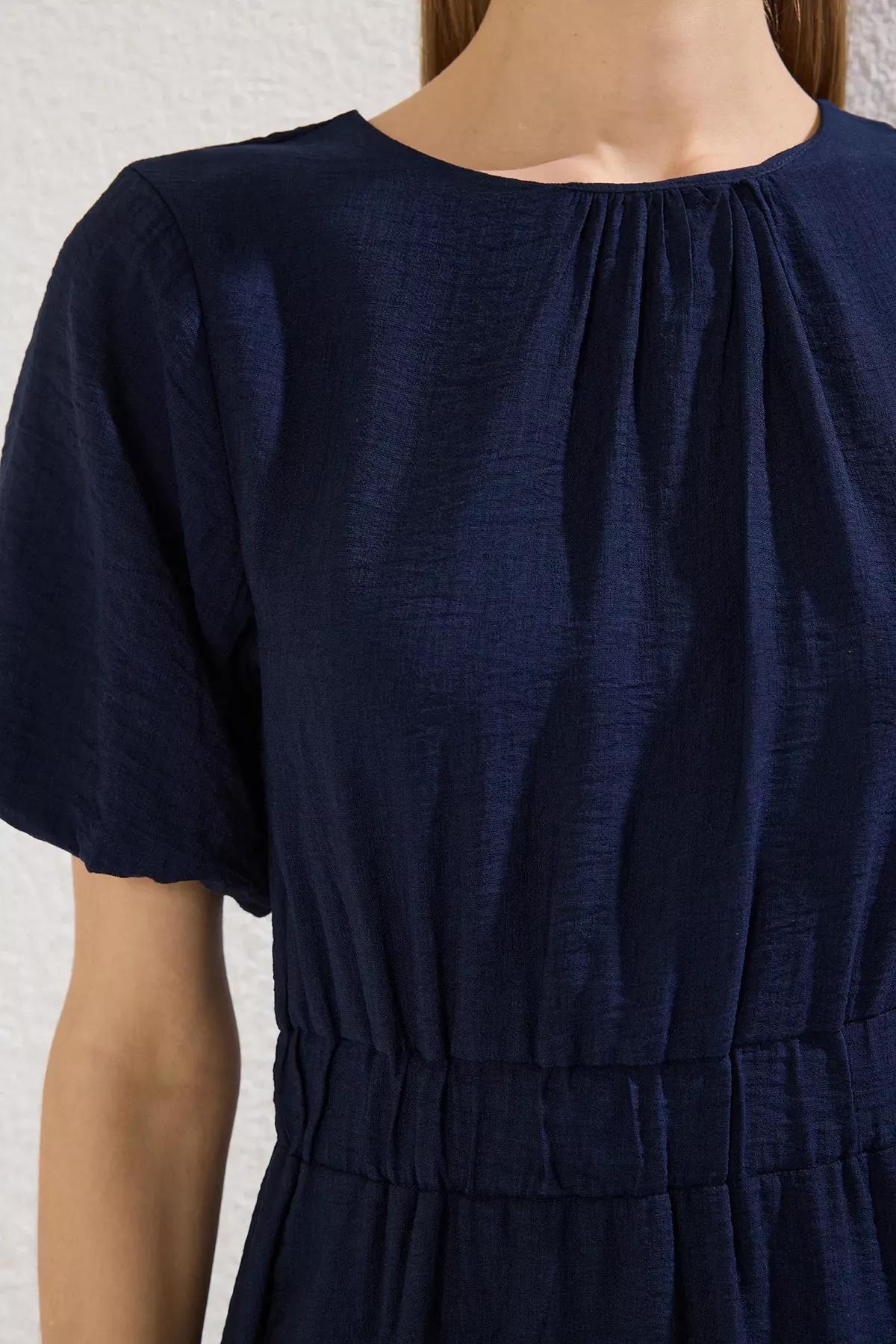 Navy A-Line Balloon Sleeve Midi Dress, Navy blue, large image number 2