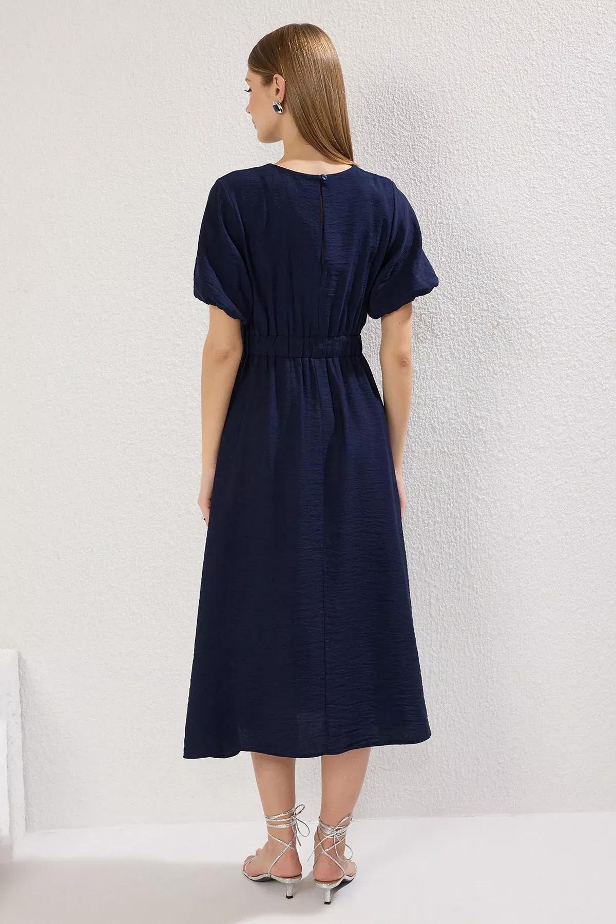 Navy A-Line Balloon Sleeve Midi Dress, Navy blue, large image number 3