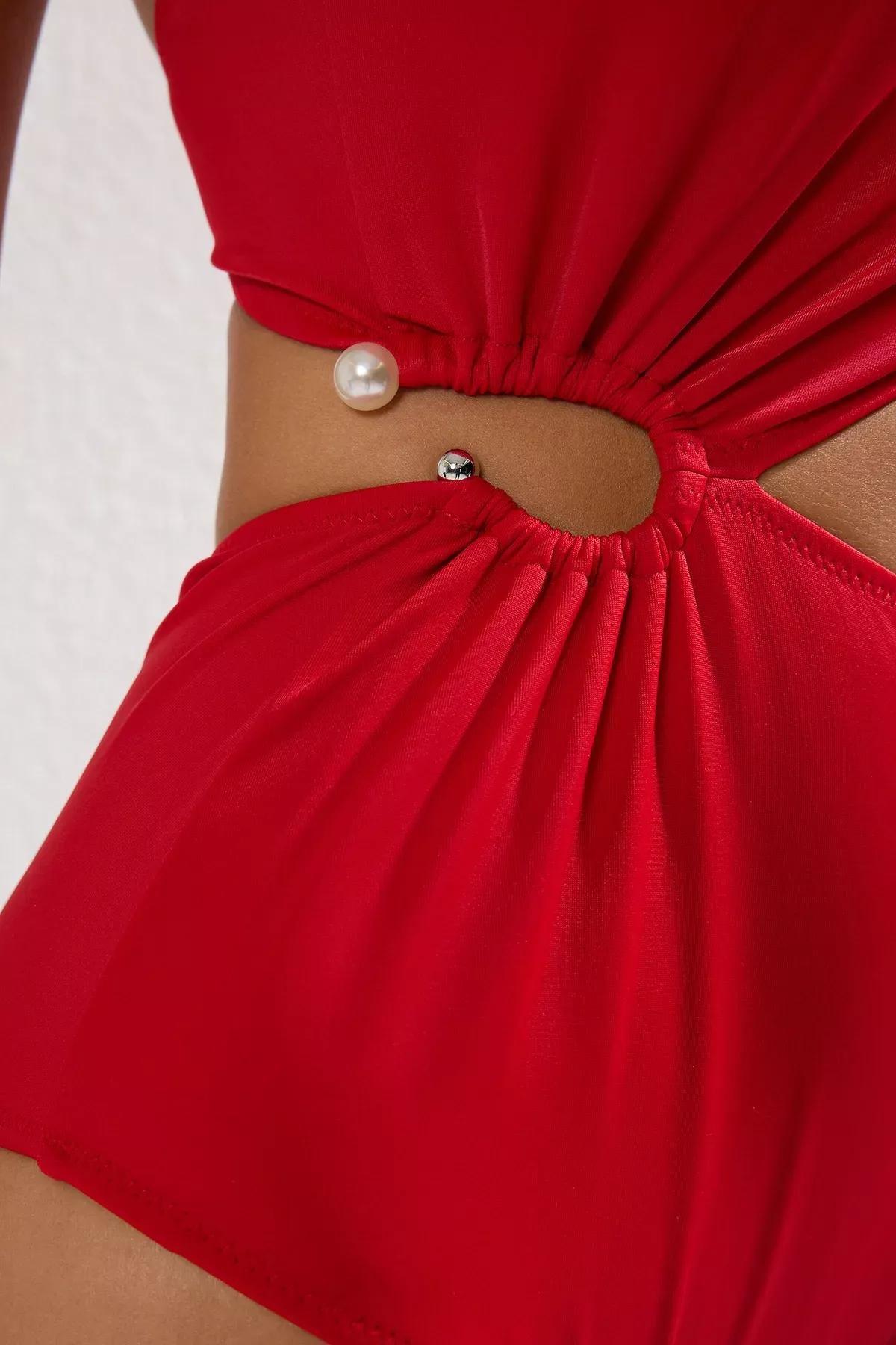 بدلة سباحة بكتف واحد وإكسسوارات، أحمر, , large image number 1