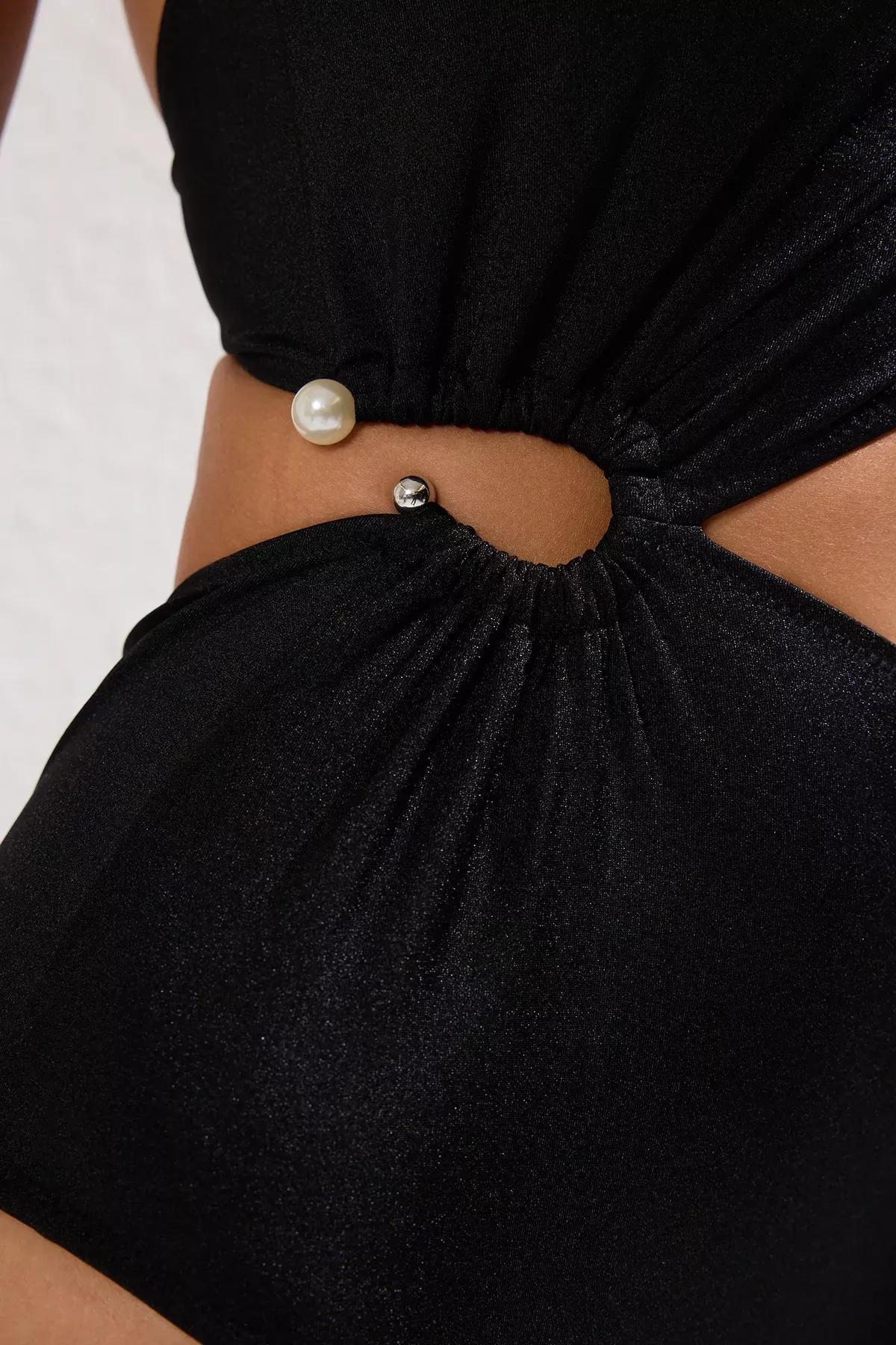 Black One Shoulder Accessorized Swimsuit, , large image number 2