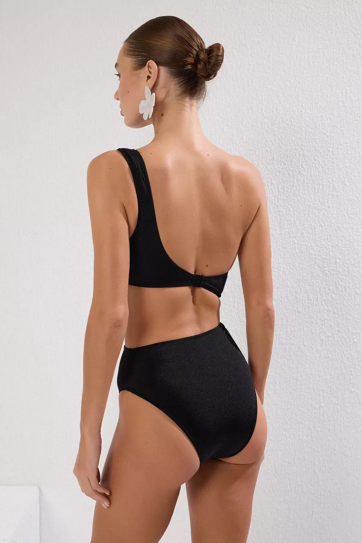 Black One Shoulder Accessorized Swimsuit, , large image number 3