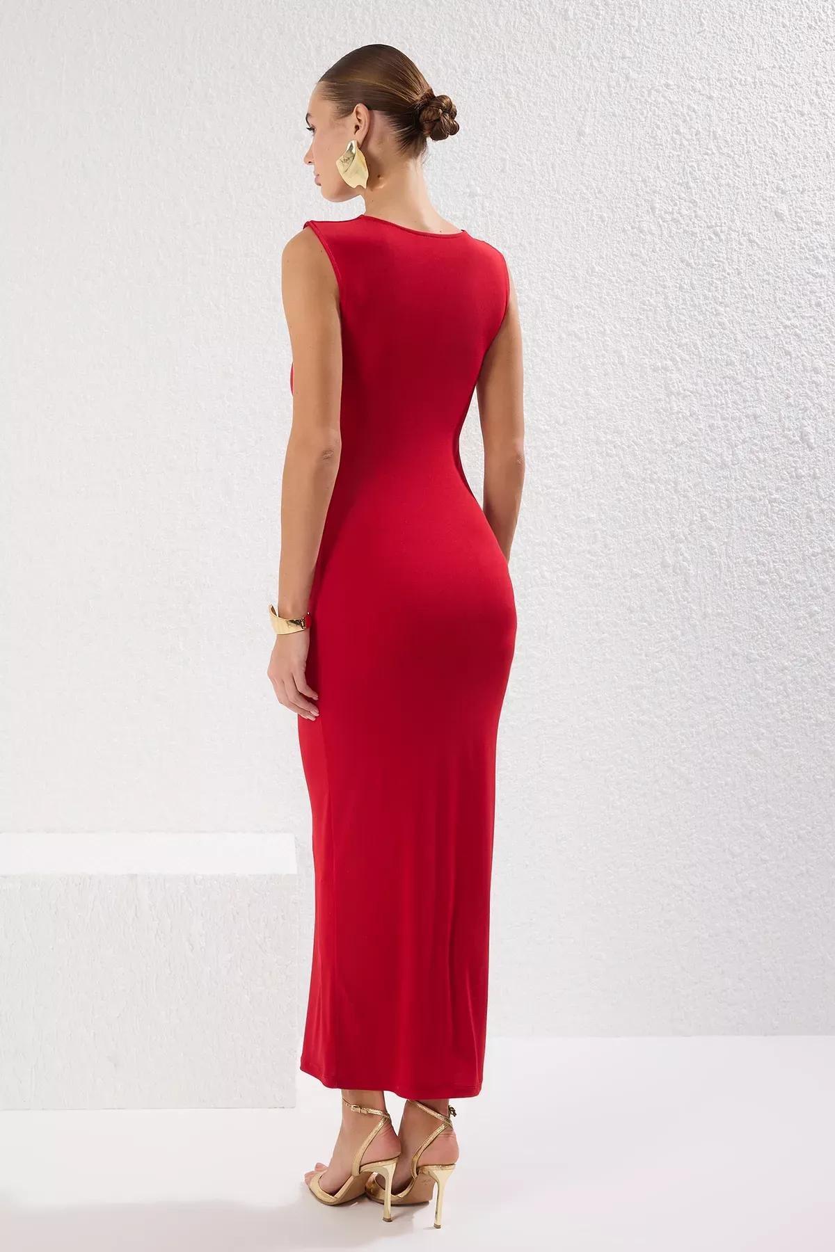 Red Bodysuit Knitted Midi Stylish Dress, Red, large image number 3