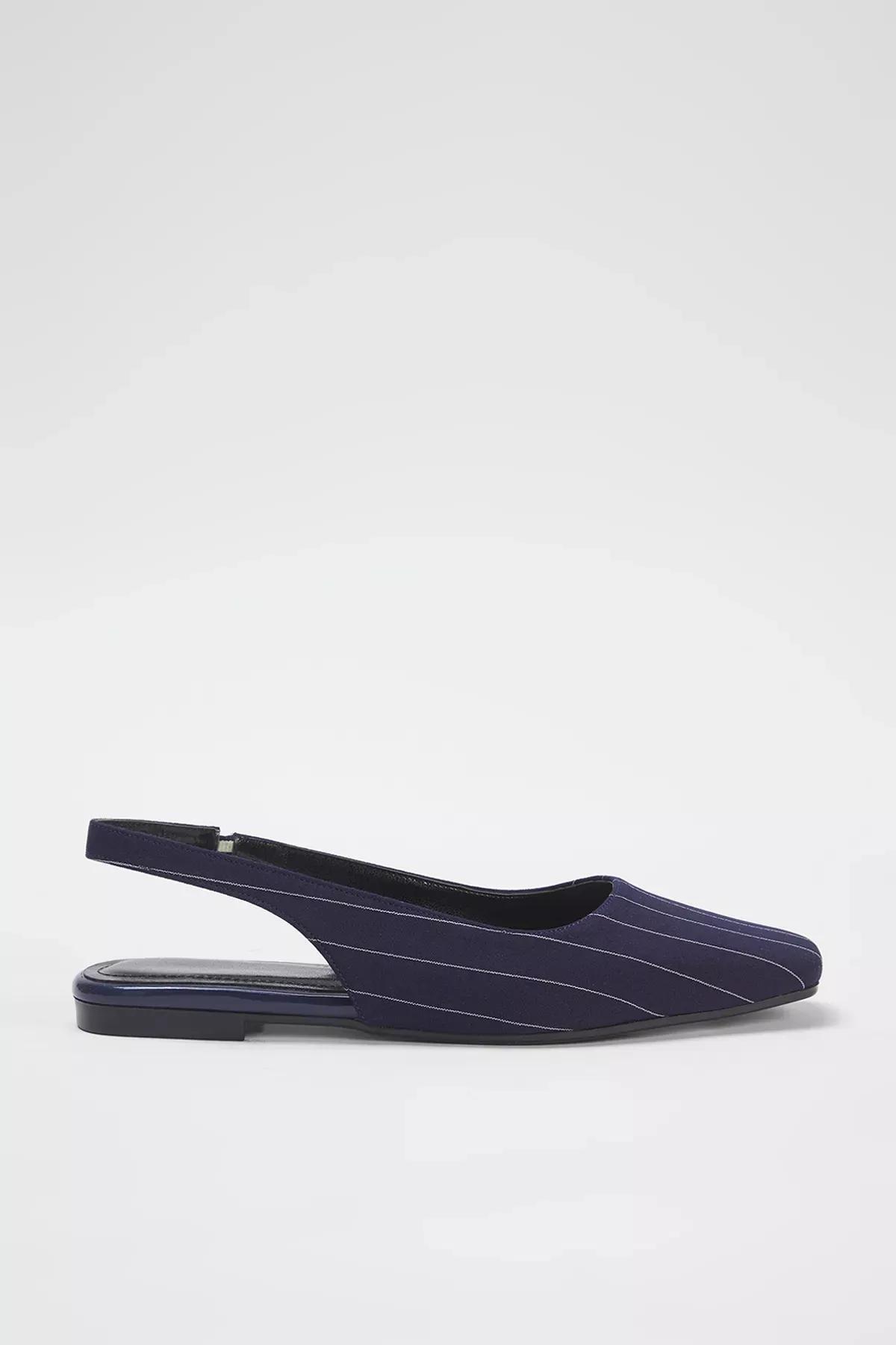 Navy Striped Square Toe Ballerinas, Navy blue, medium