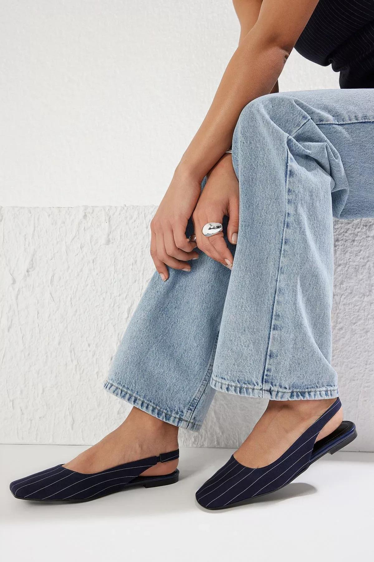 Navy Striped Square Toe Ballerinas, Navy blue, medium