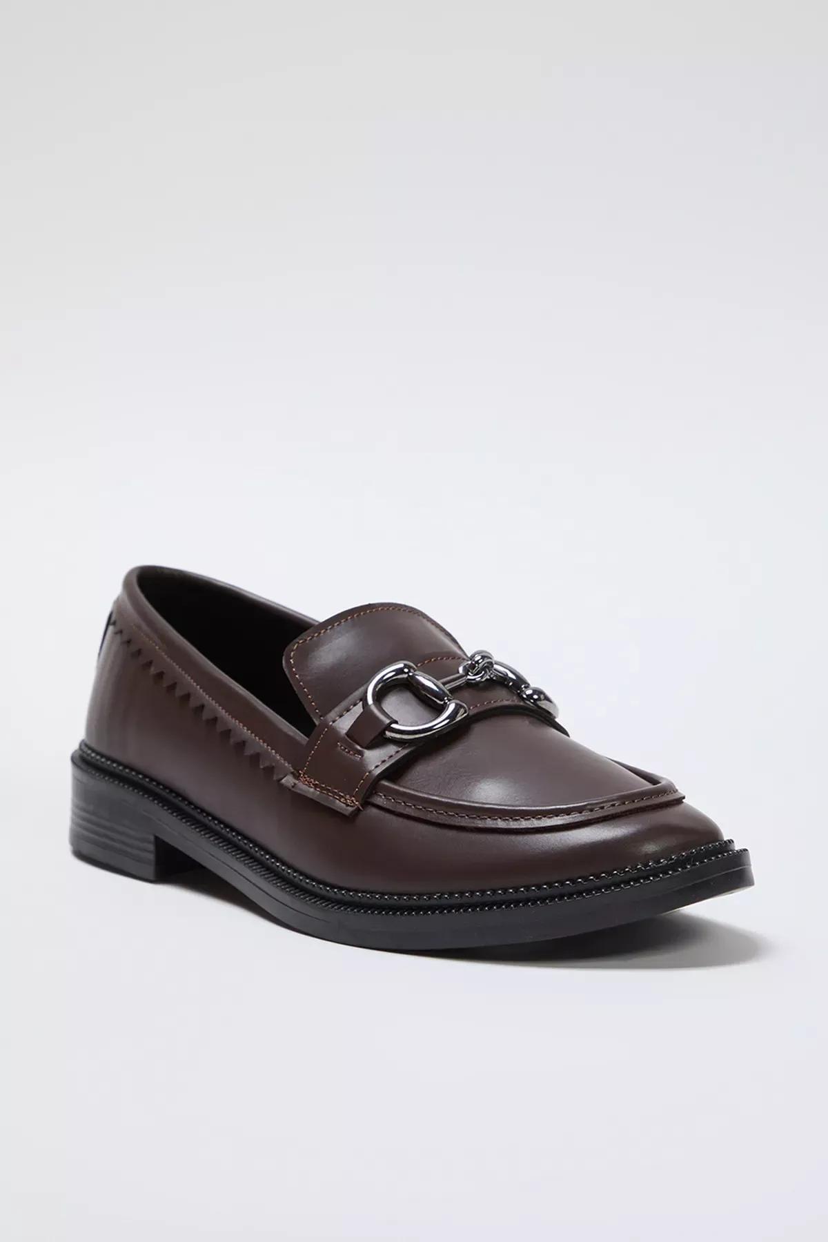 Brown Buckle Flat Loafer Shoes, , large image number 0