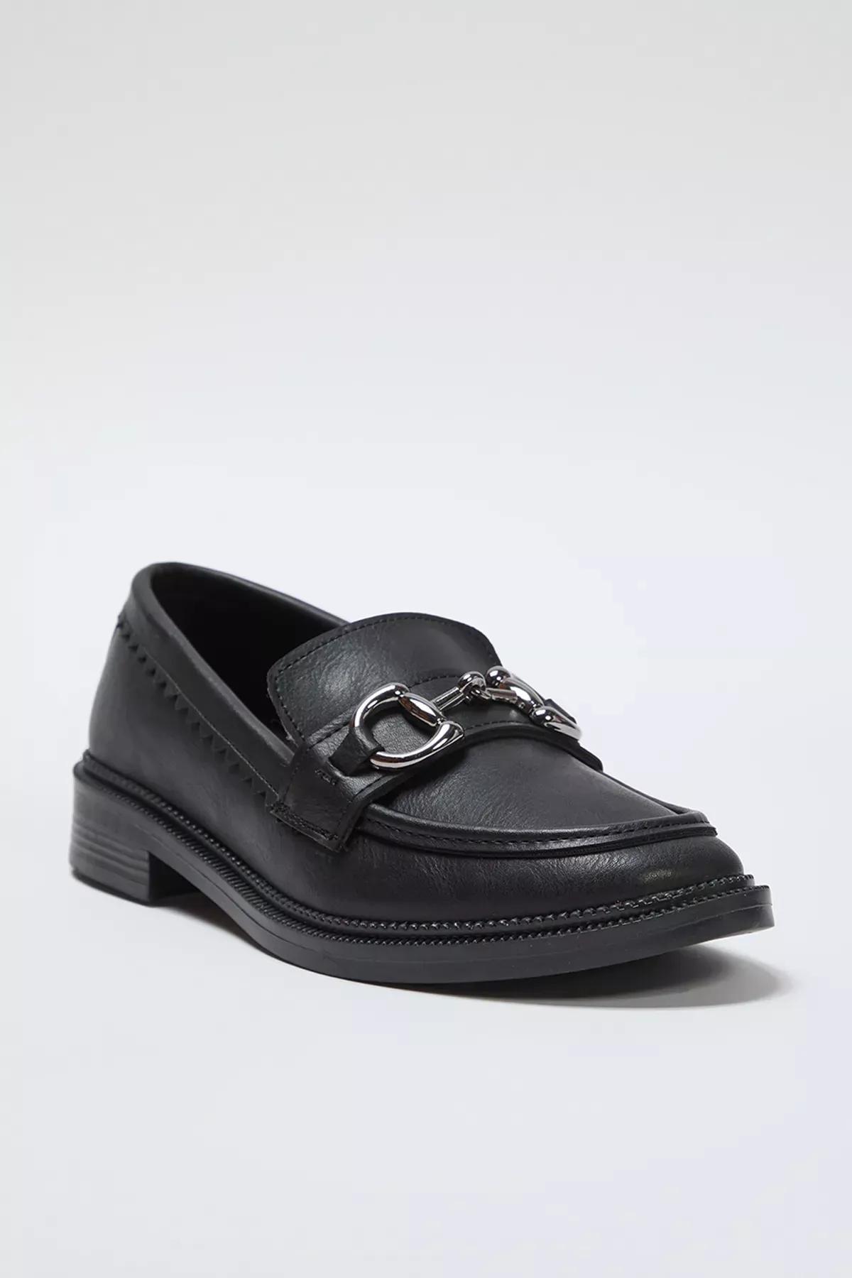 Black Buckle Flat Loafer Shoes, , large image number 0