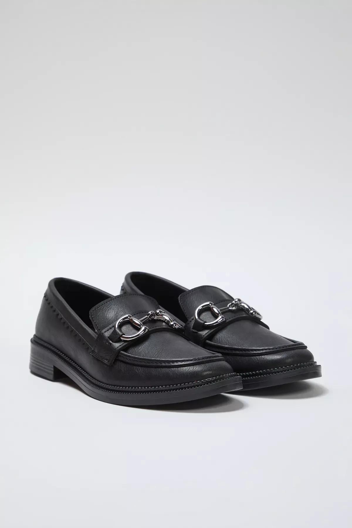 Black Buckle Flat Loafer Shoes, , large image number 1