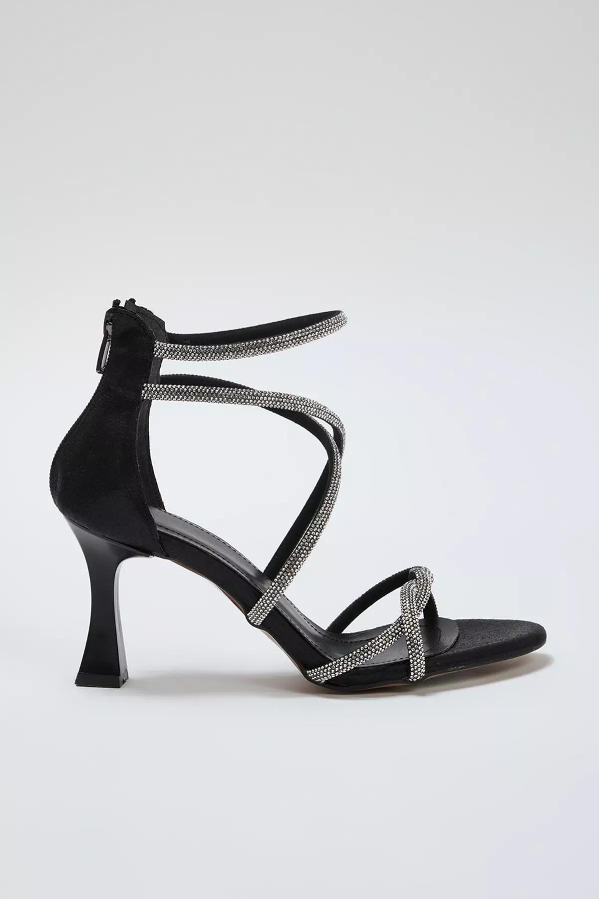 Black Stoned Zipper Heeled High Heel Shoes, , large image number 0
