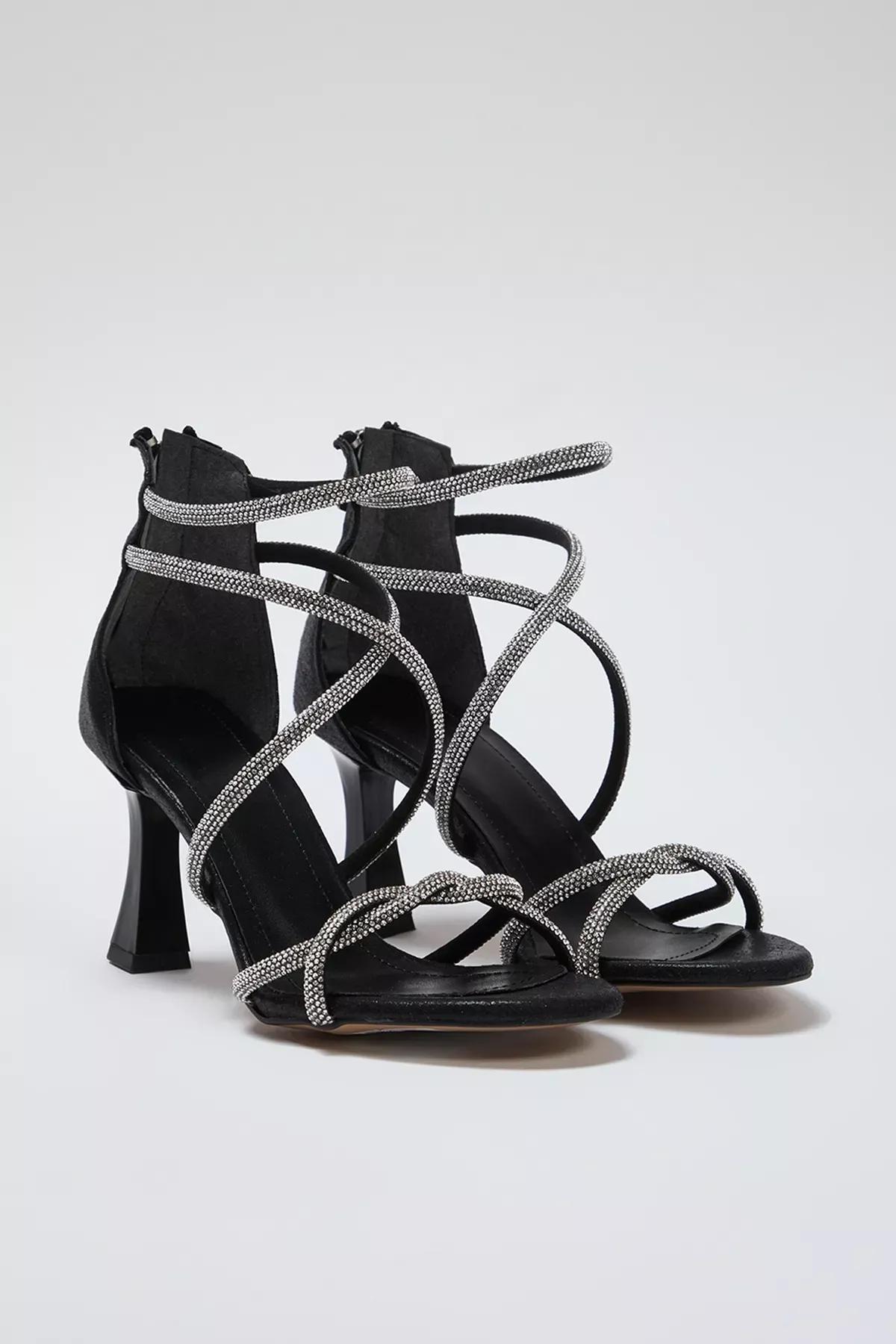 Black Stoned Zipper Heeled High Heel Shoes, , large image number 3