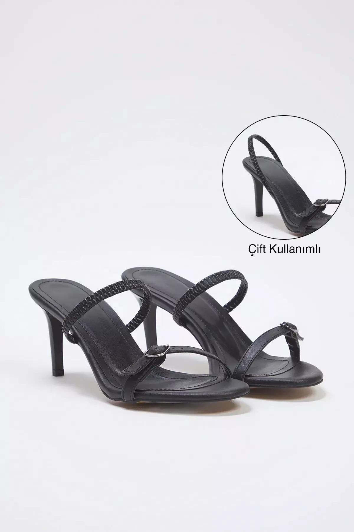 Black Buckle Detailed Heeled Sandals, , large image number 0
