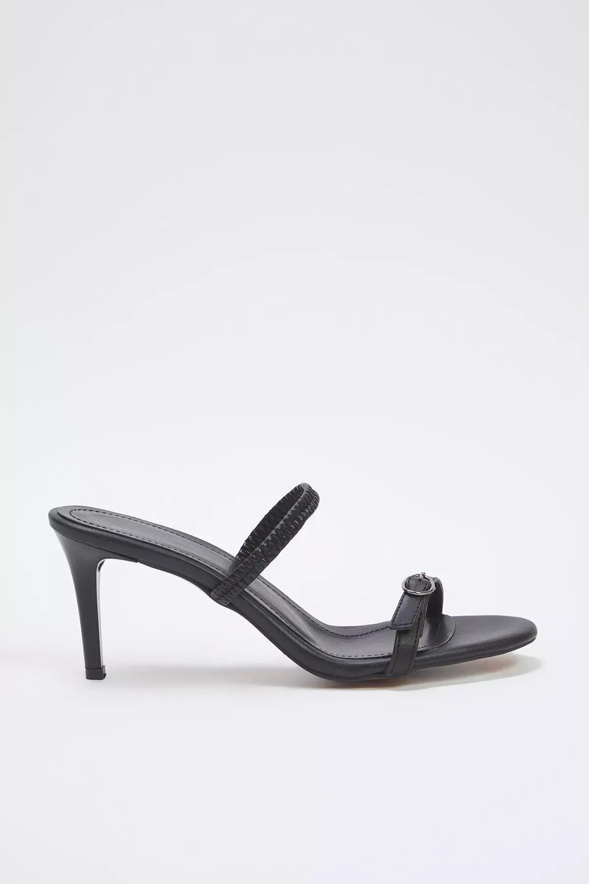 Black Buckle Detailed Heeled Sandals, , large image number 2