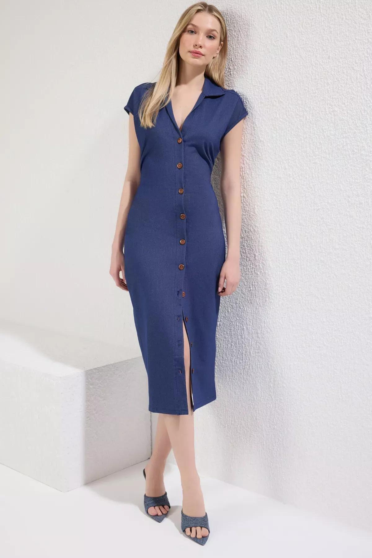 Blue Bodycon Buttoned Midi Knit Dress, Indigo, large image number 1