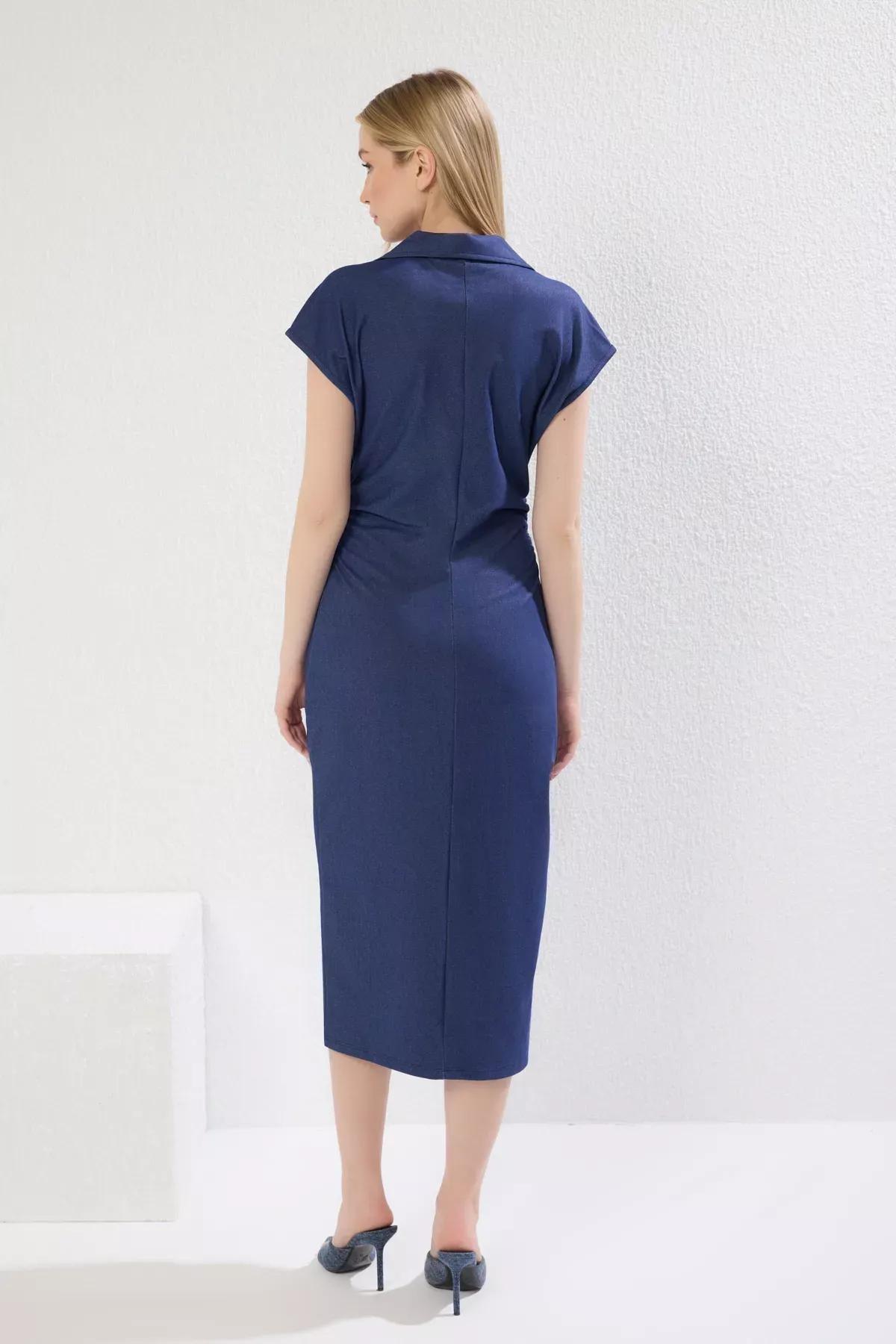 Blue Bodycon Buttoned Midi Knit Dress, Indigo, large image number 3