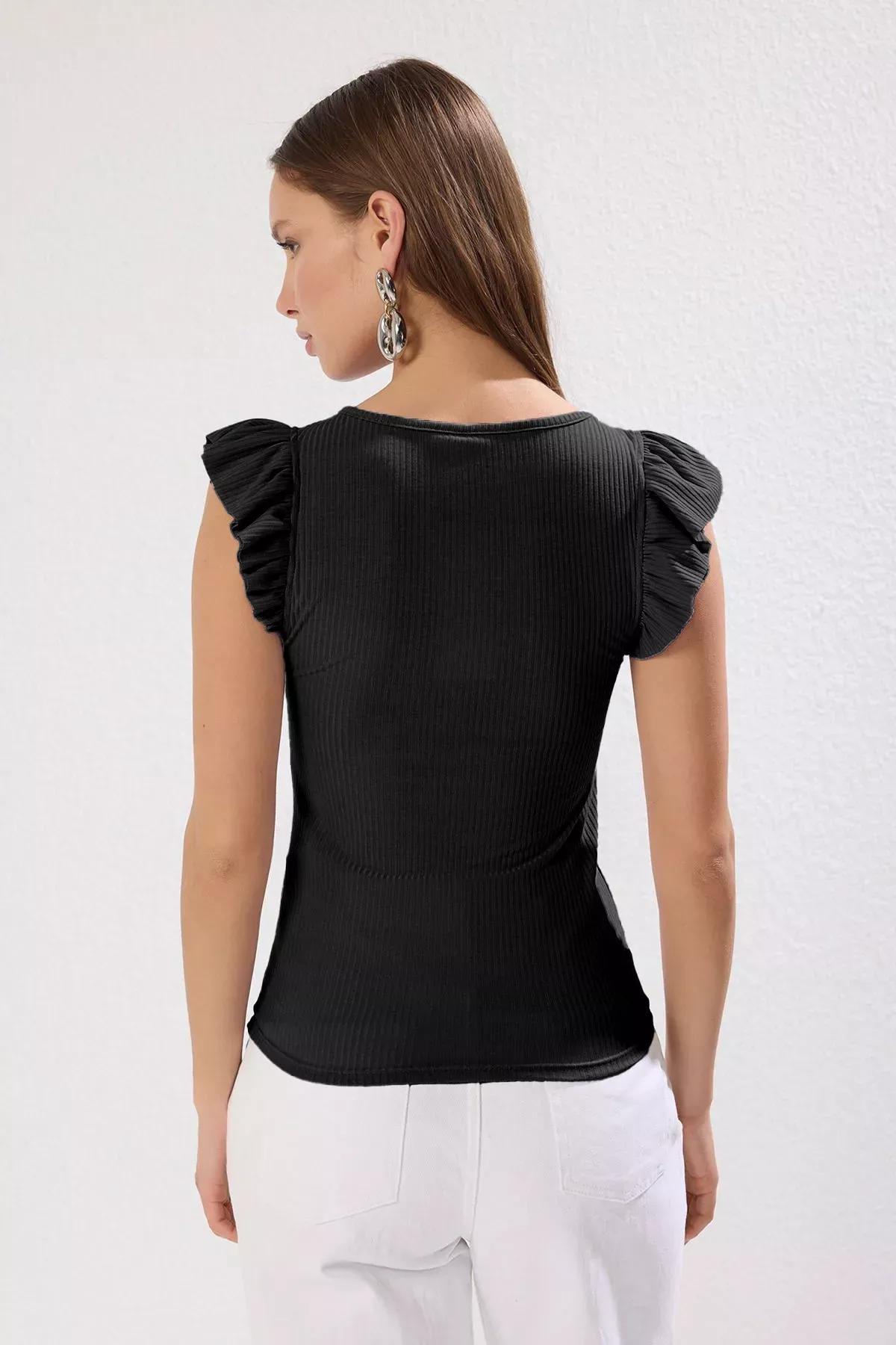 Black Ruffle Fitted Knitted Blouse, , large image number 3