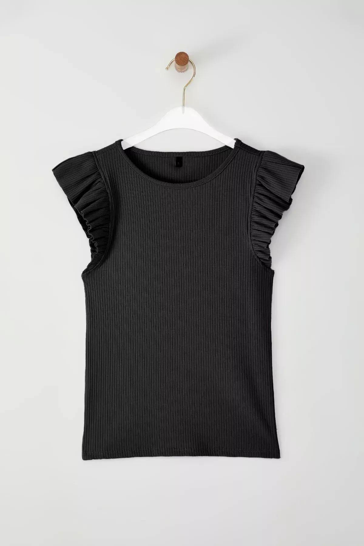 Black Ruffle Fitted Knitted Blouse, , large image number 4