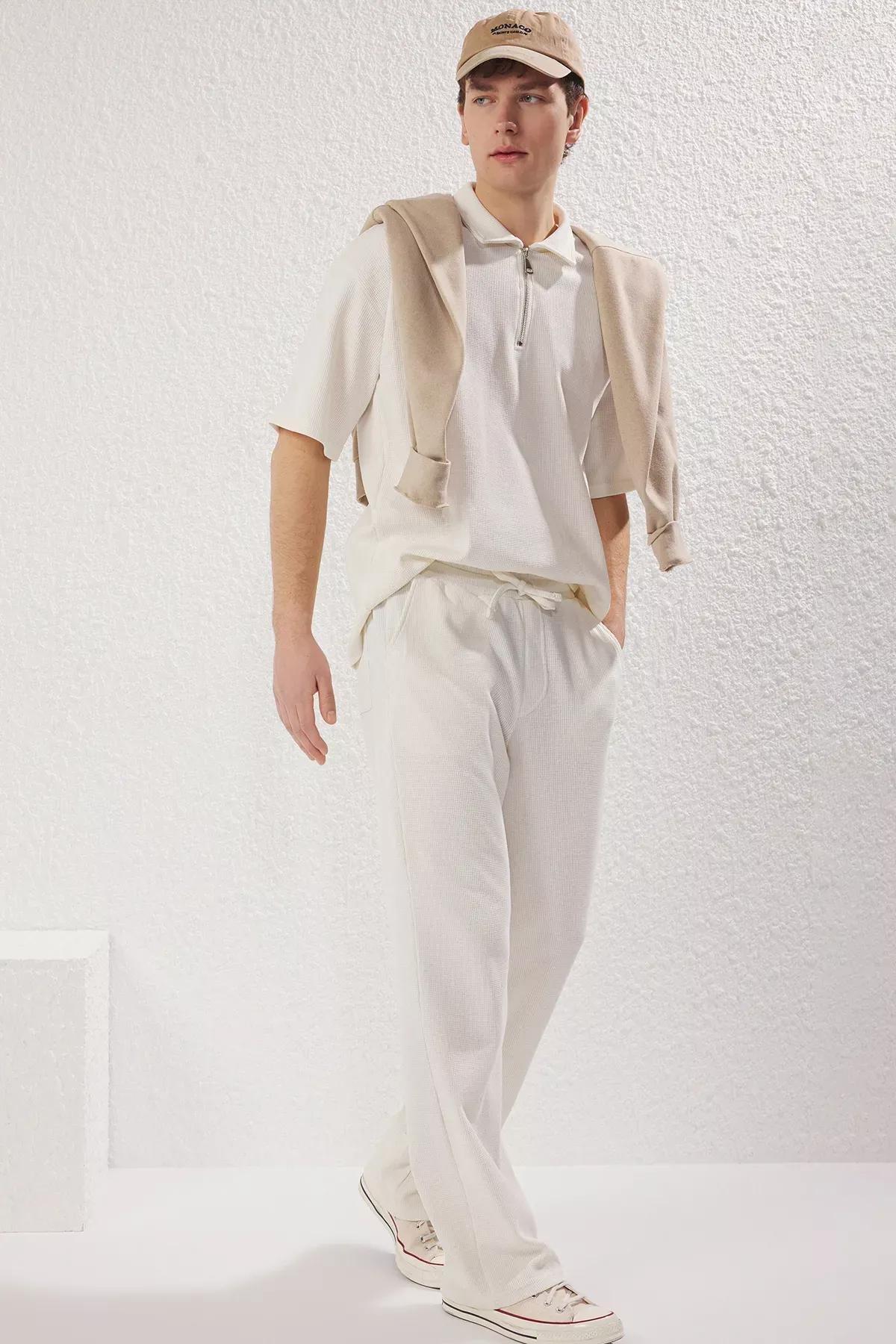 Beige Wide Leg Waffle Sweatpants, Ecru, large image number 0