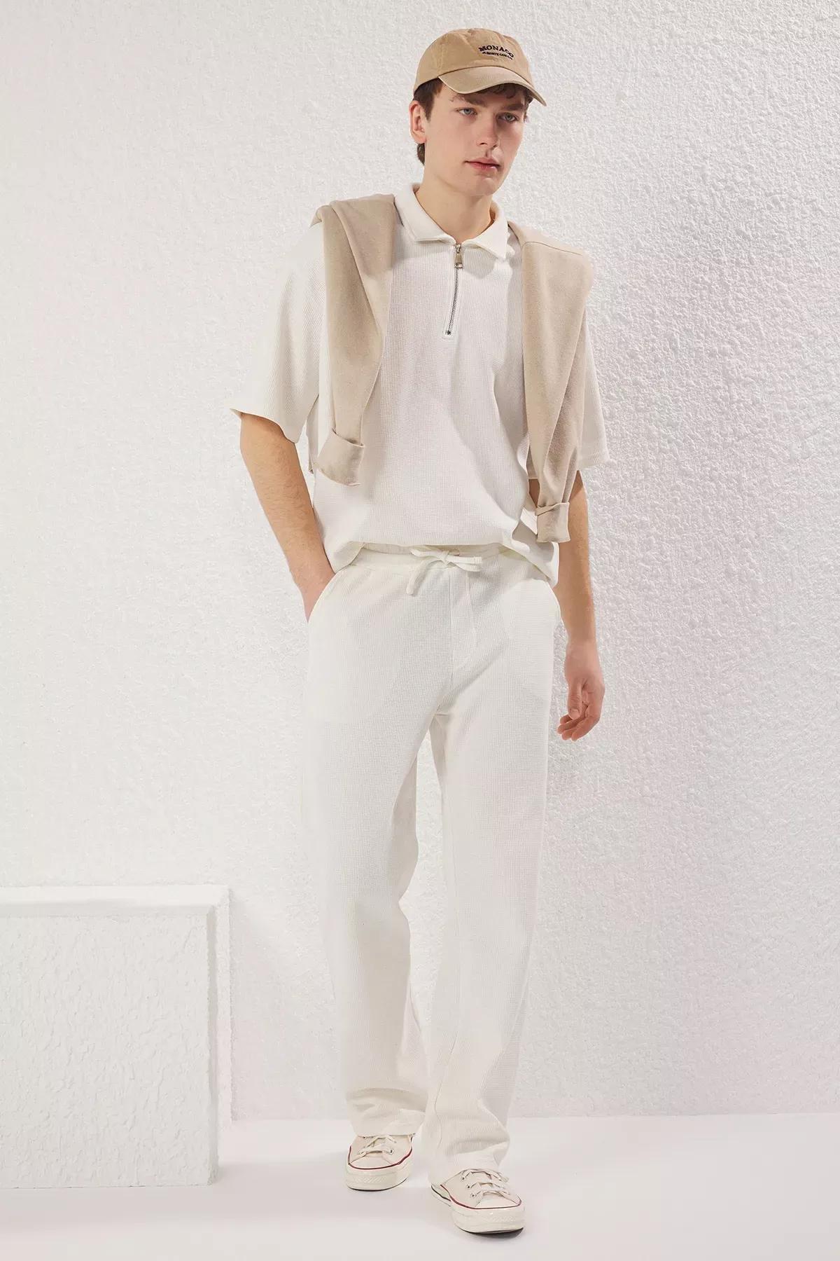Beige Wide Leg Waffle Sweatpants, Ecru, large image number 1