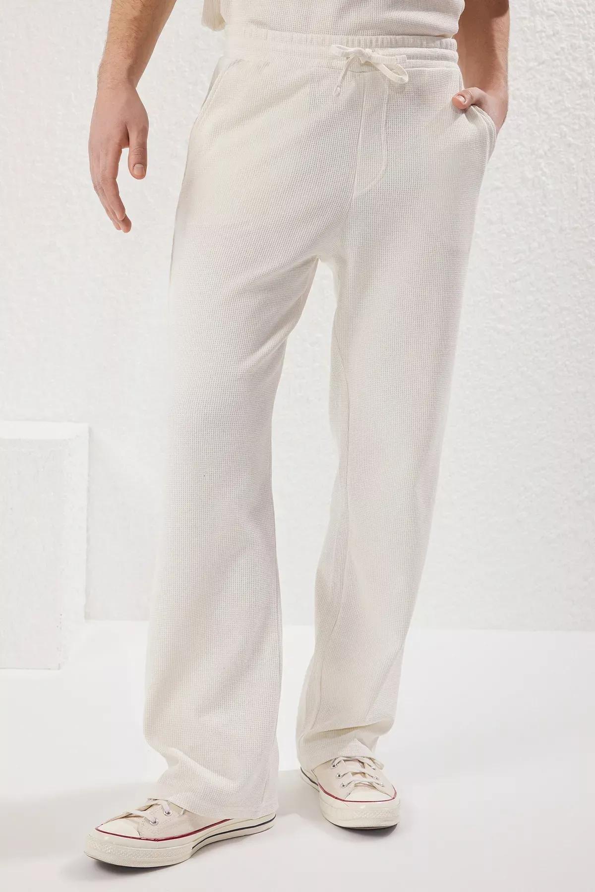 Beige Wide Leg Waffle Sweatpants, Ecru, large image number 2
