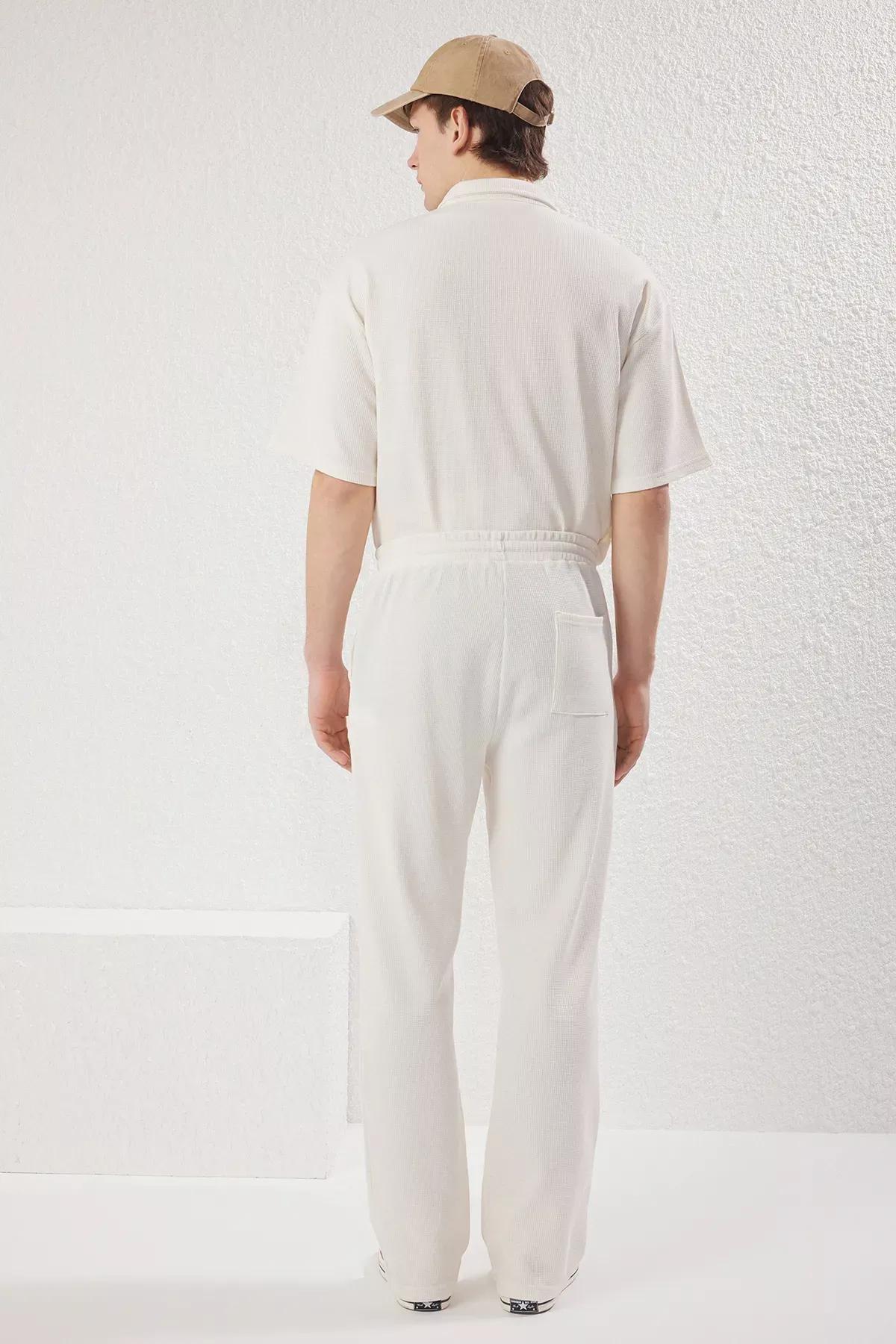 Beige Wide Leg Waffle Sweatpants, Ecru, large image number 3
