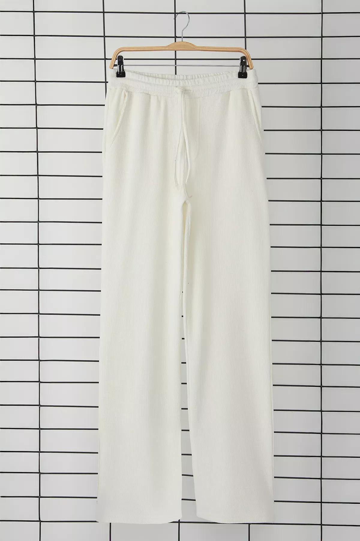Beige Wide Leg Waffle Sweatpants, Ecru, large image number 4