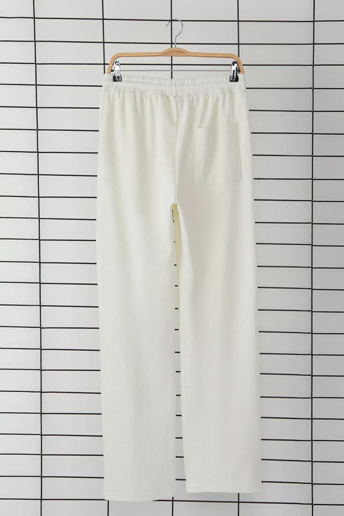 Beige Wide Leg Waffle Sweatpants, Ecru, large image number 5