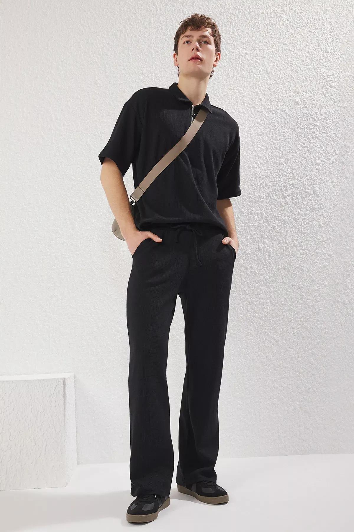 Black Wide Leg Waffle Textured Sweatpants, , large image number 0