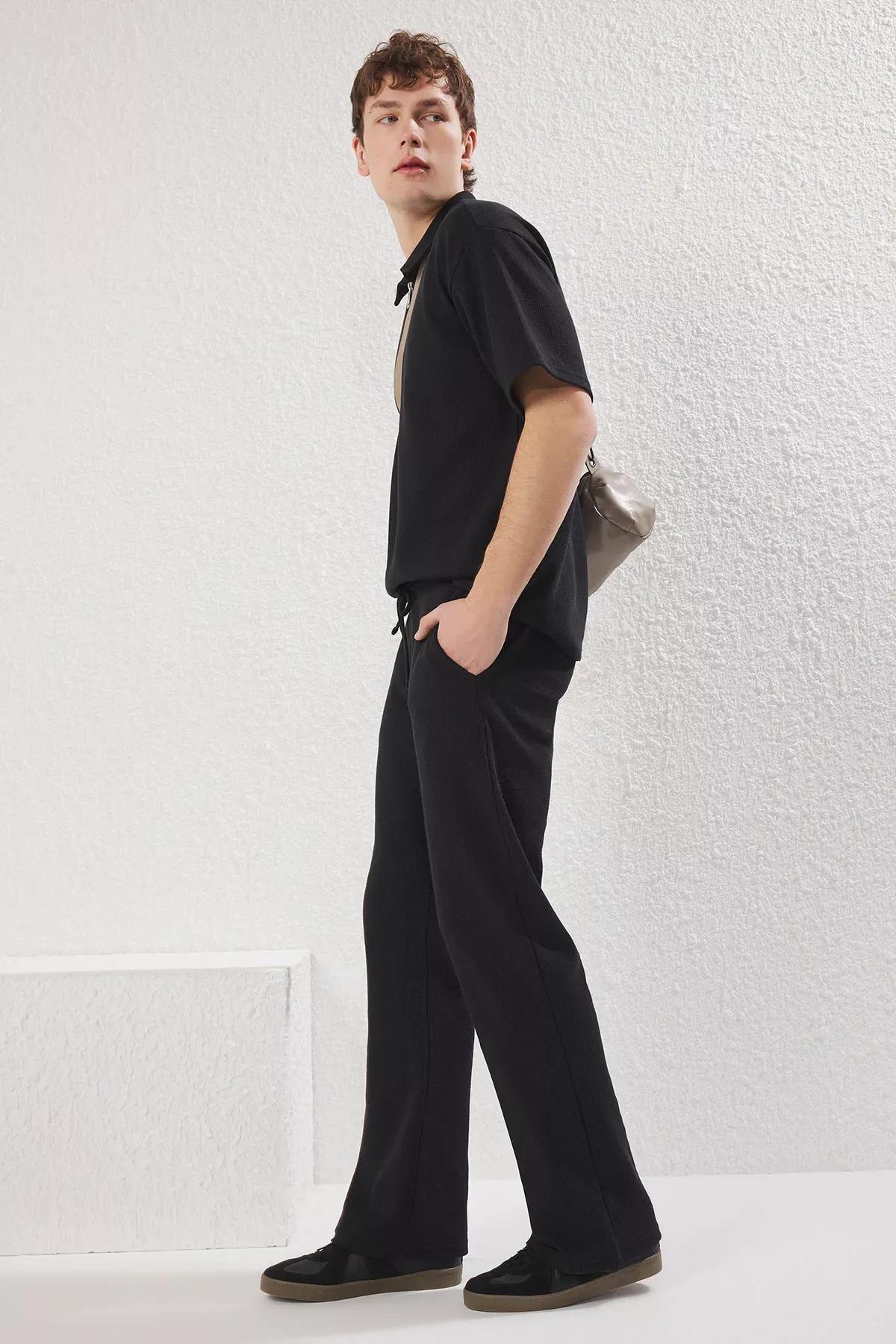 Black Wide Leg Waffle Textured Sweatpants, , large image number 1