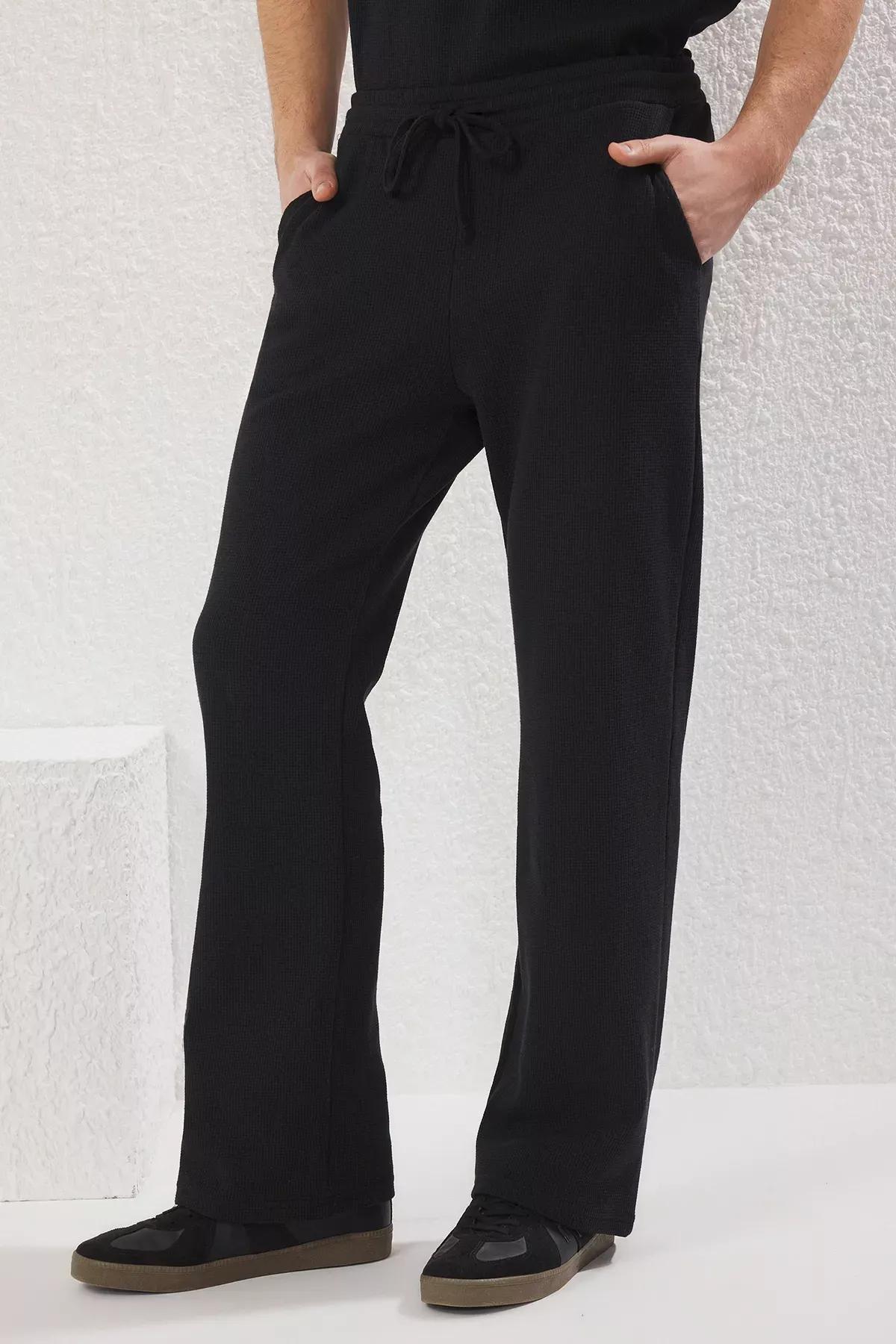Black Wide Leg Waffle Textured Sweatpants, , large image number 2