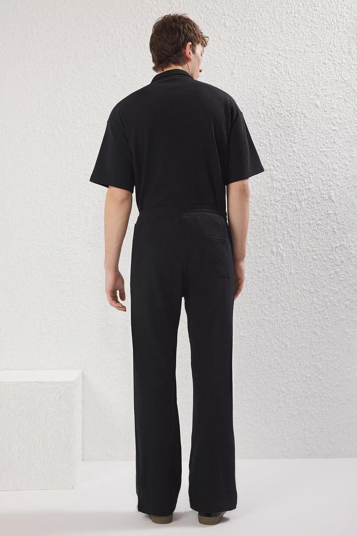 Black Wide Leg Waffle Textured Sweatpants, , large image number 3