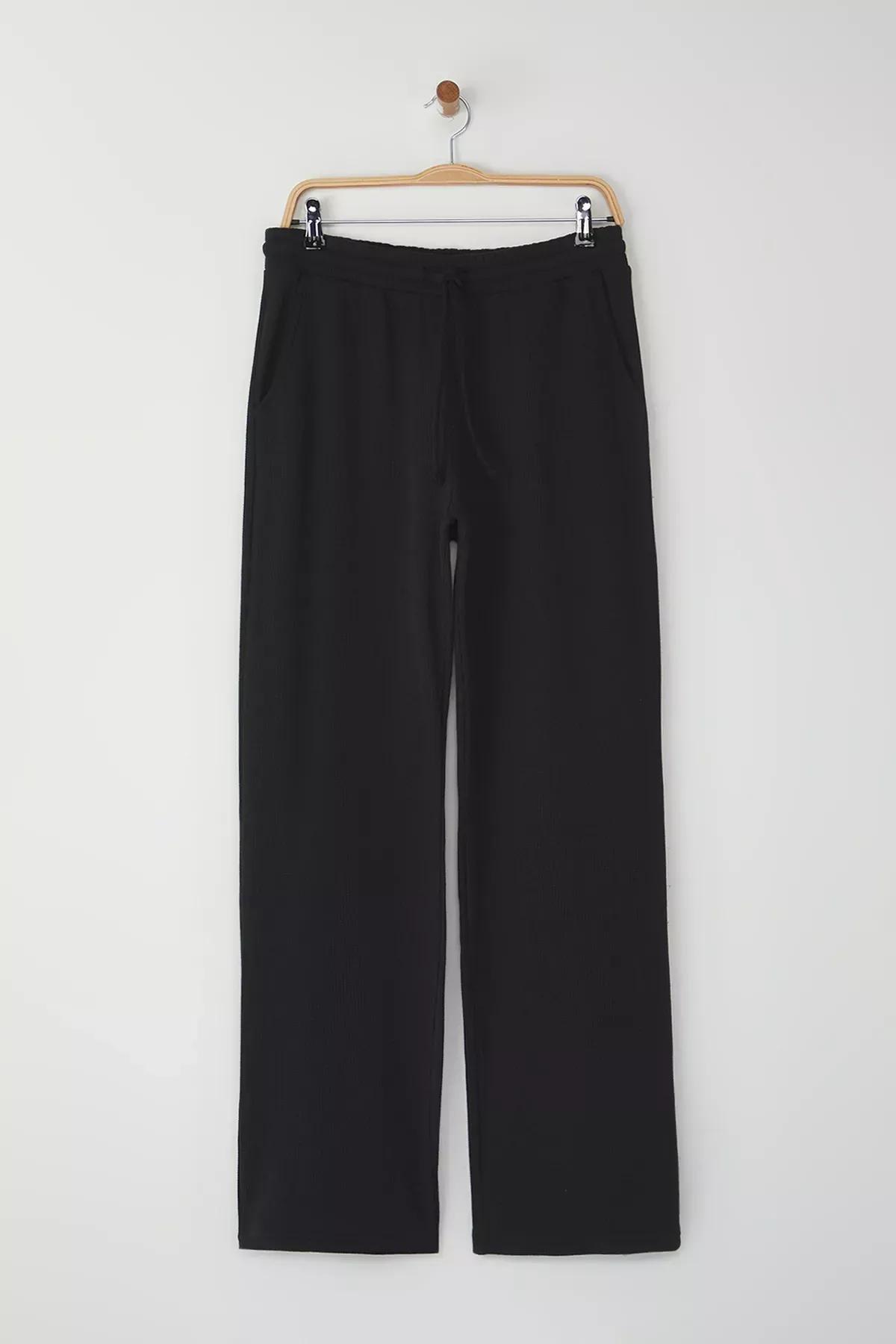Black Wide Leg Waffle Textured Sweatpants, , large image number 4