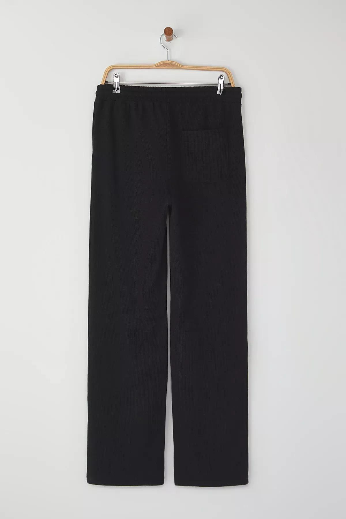 Black Wide Leg Waffle Textured Sweatpants, , large image number 5