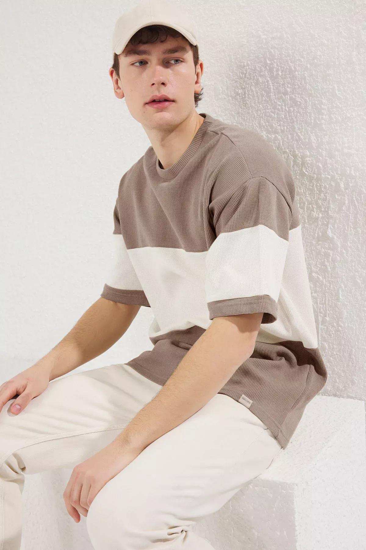 Grey Oversize Color Block T-Shirt, STONE, large image number 0