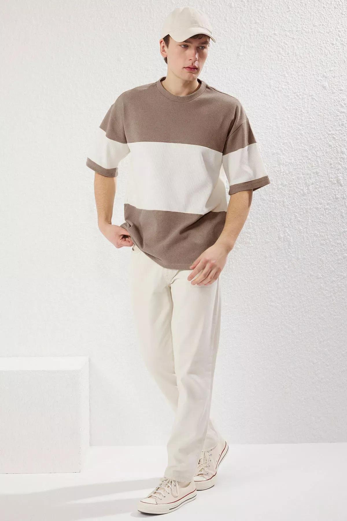 Grey Oversize Color Block T-Shirt, STONE, large image number 2