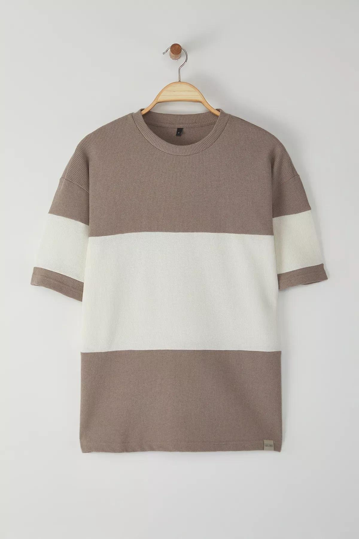 Grey Oversize Color Block T-Shirt, STONE, large image number 4
