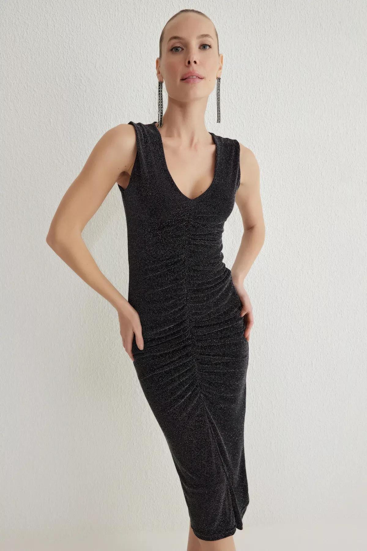 Grey Glitter Knitted Stylish Dress, Anthracite, large image number 1