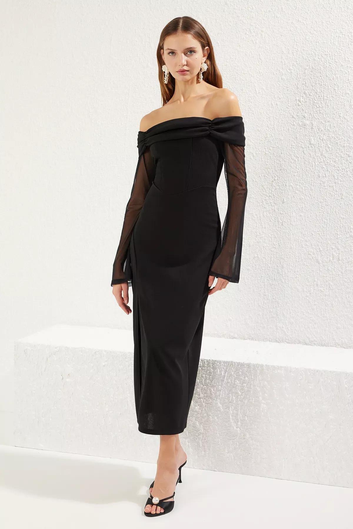 Black Draped Crepe Knitted Midi Dress, , large image number 1