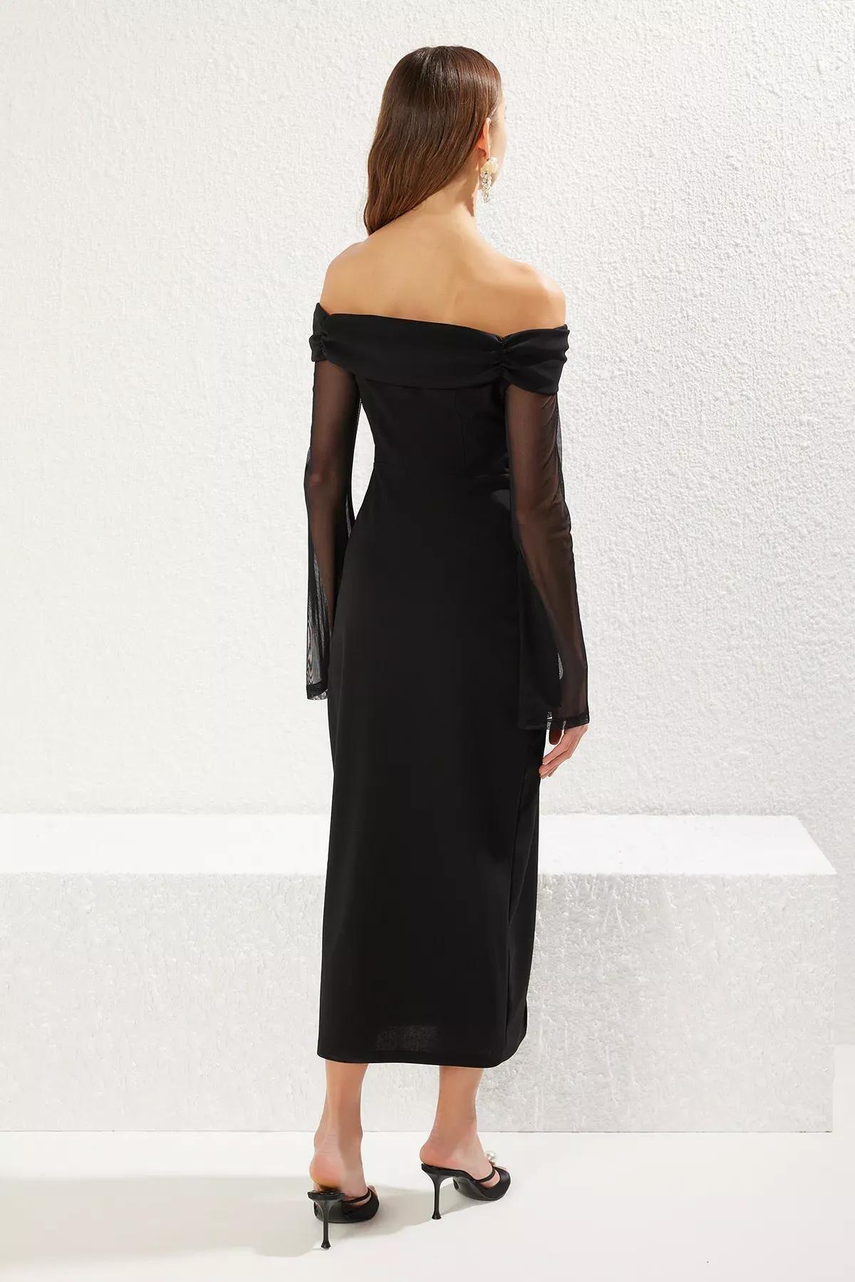 Black Draped Crepe Knitted Midi Dress, , large image number 4