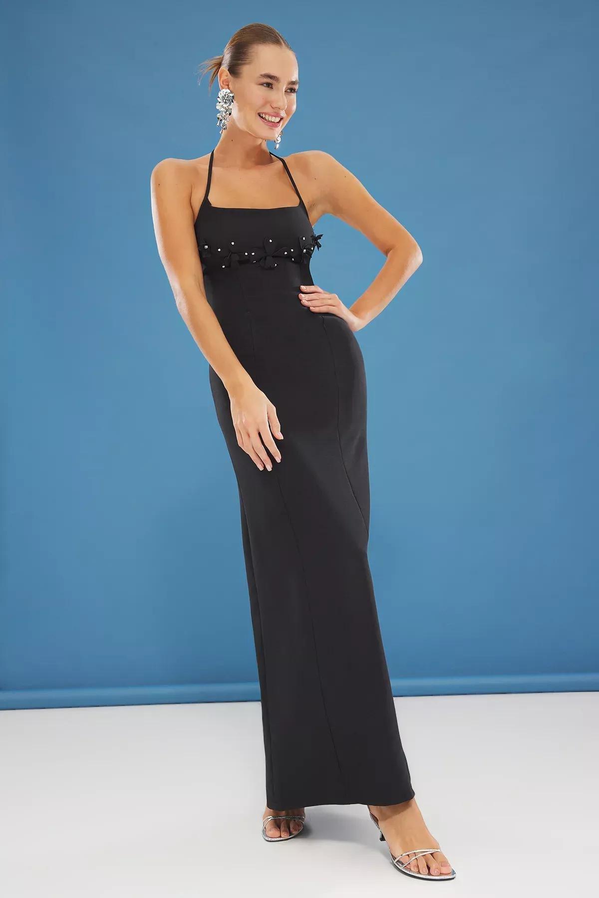 Black Floral Applique Maxi Occasionwear Dress, , large image number 0