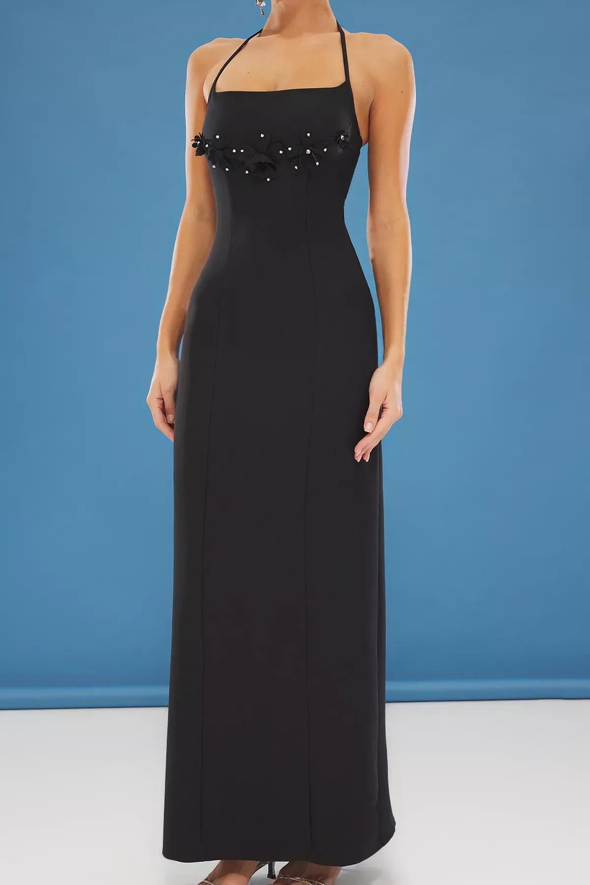 Black Floral Applique Maxi Occasionwear Dress, , large image number 2