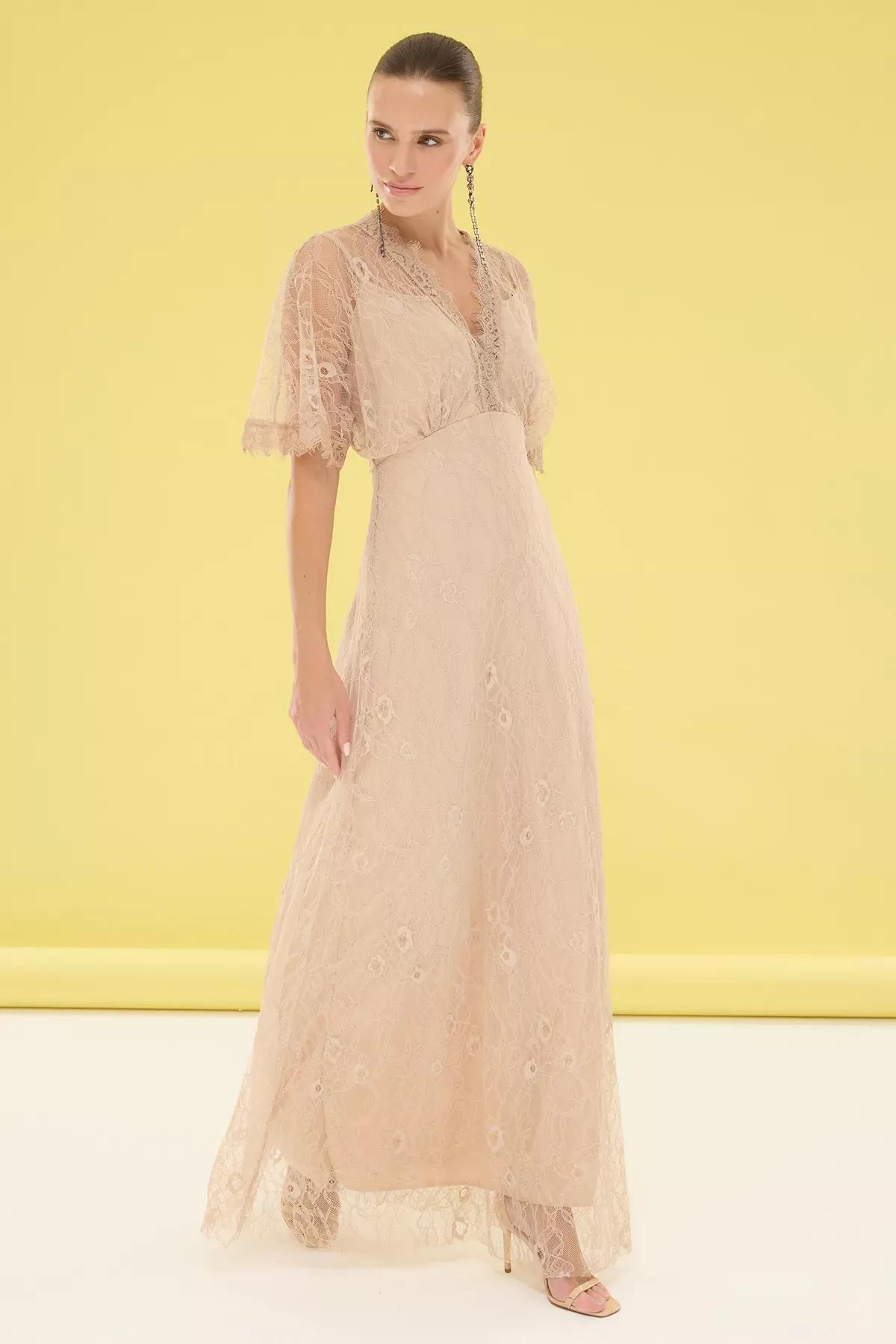 Beige A-Line Lace Knitted Occasionwear Dress, , large image number 0