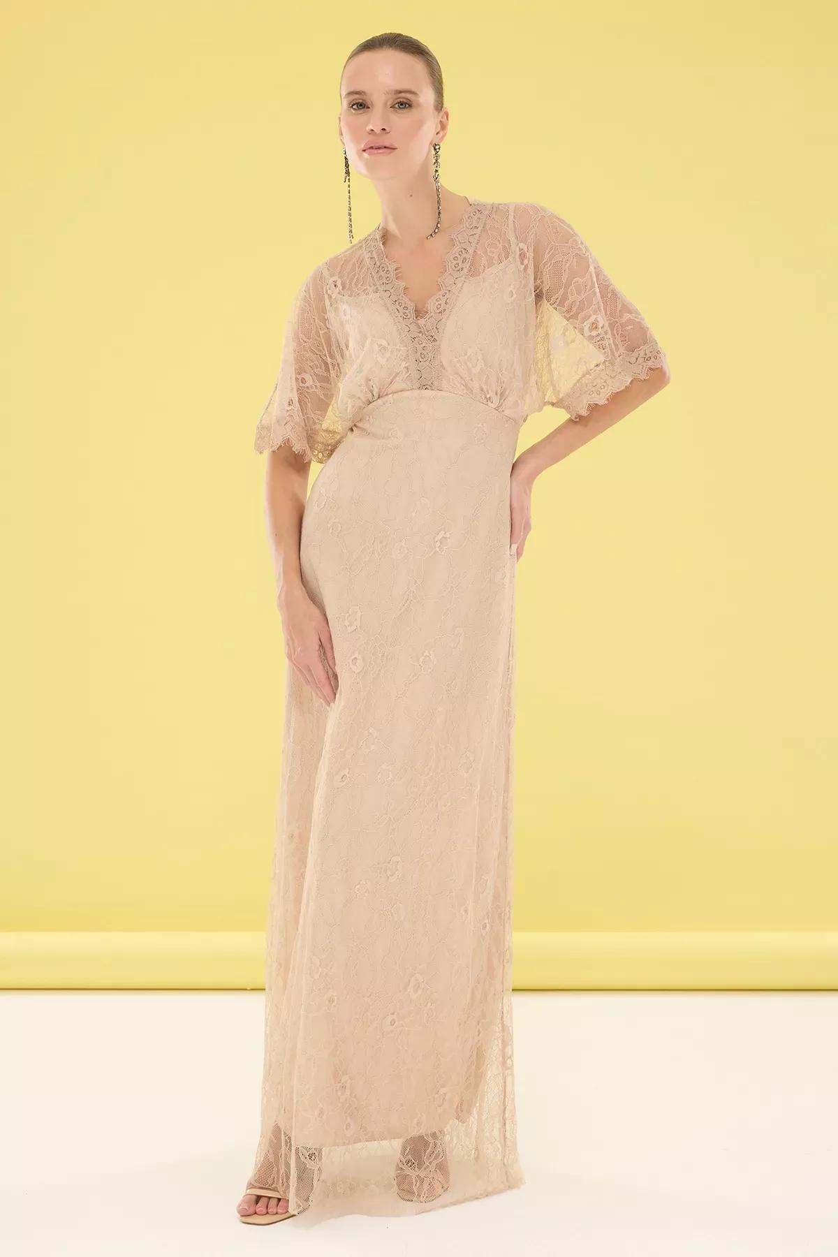Beige A-Line Lace Knitted Occasionwear Dress, , large image number 1